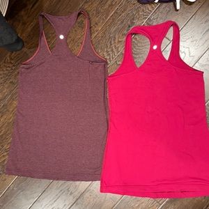 2 Lululemon cool racer back tank, size 8 maroon/purple stripe and pomegranate